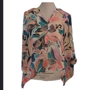 Chenault Pink and Blue Asymmetrical Blouse with Mandarin Collar